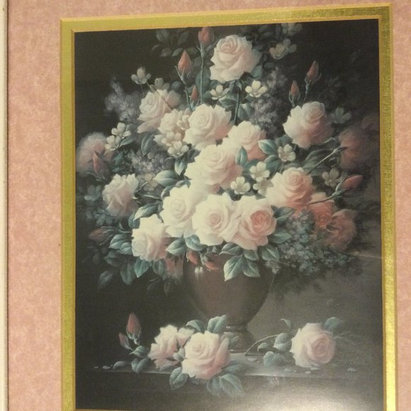 Roses flowers and vase wall art print with white wood frame wall decor - Picture 2 of 4